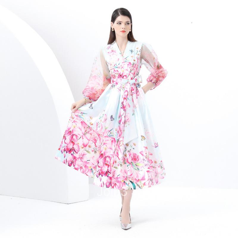 6081 Early Spring New Womens Vacation Wrap Tie V-neck Lantern Sleeve Long Dress Printed Dress