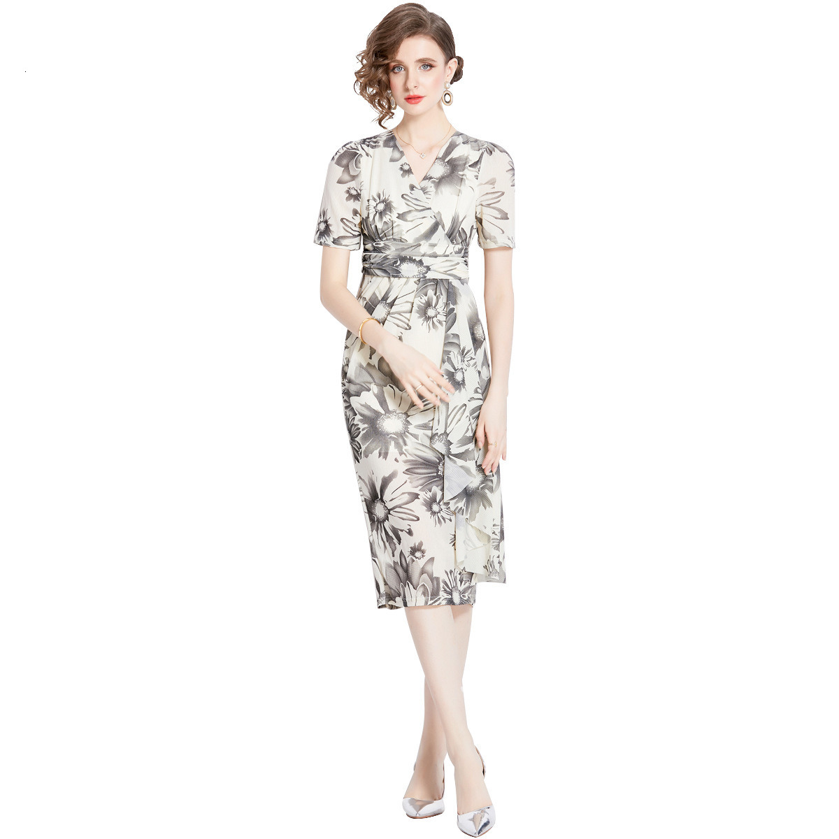 1977 Spring Summer New Womens Fashion Elegant V-neck Slim Fit Floral Short Sleeve Mid-length Dress
