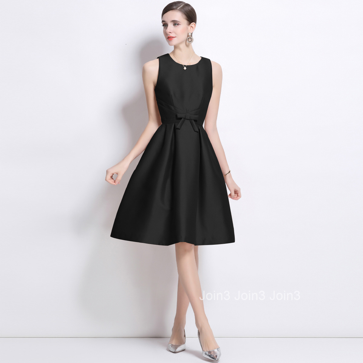 6884 Bowknot Satin Dress French Style Elegant Slim Mid-Length Dress