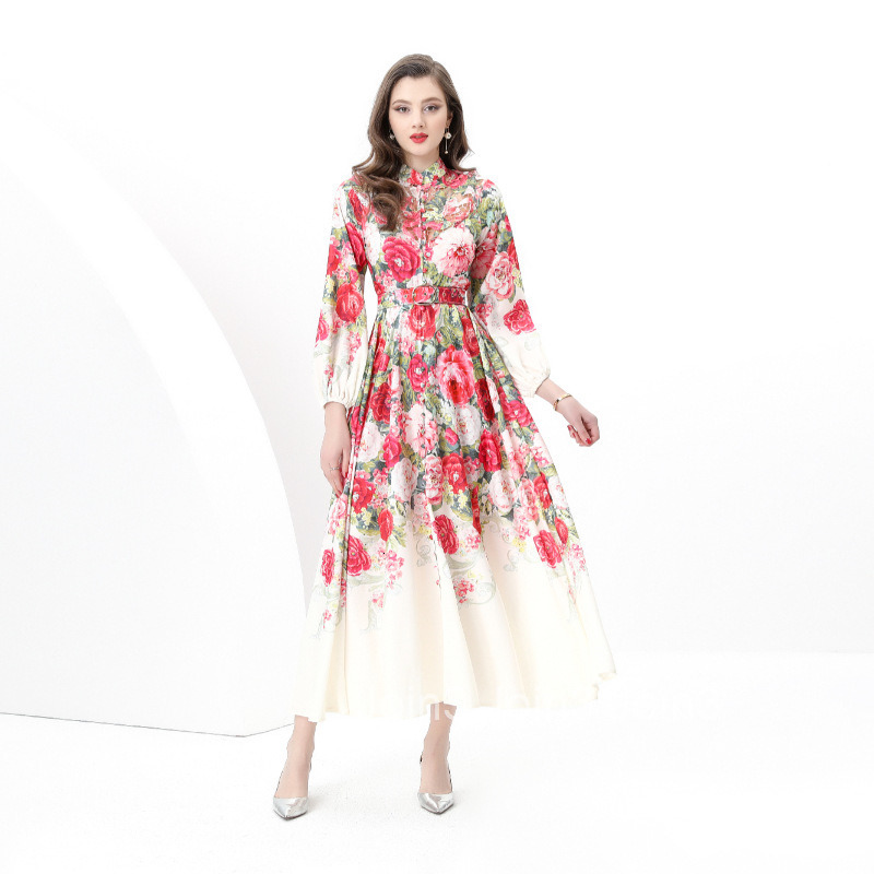 8852 Early Spring New Womens Vacation Style Stand Collar Lace Patchwork Printed Flared Long Dress