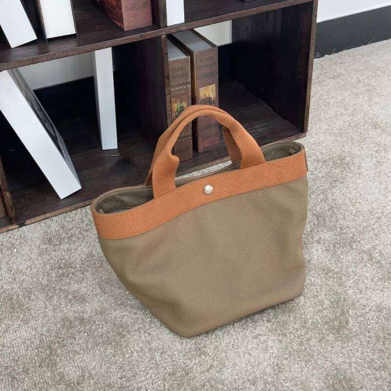 Genuine Leather Handbag Brand Design Bucket Fashion Contrast Color Casual Shoulder Daily Commuting Large Tote Bag