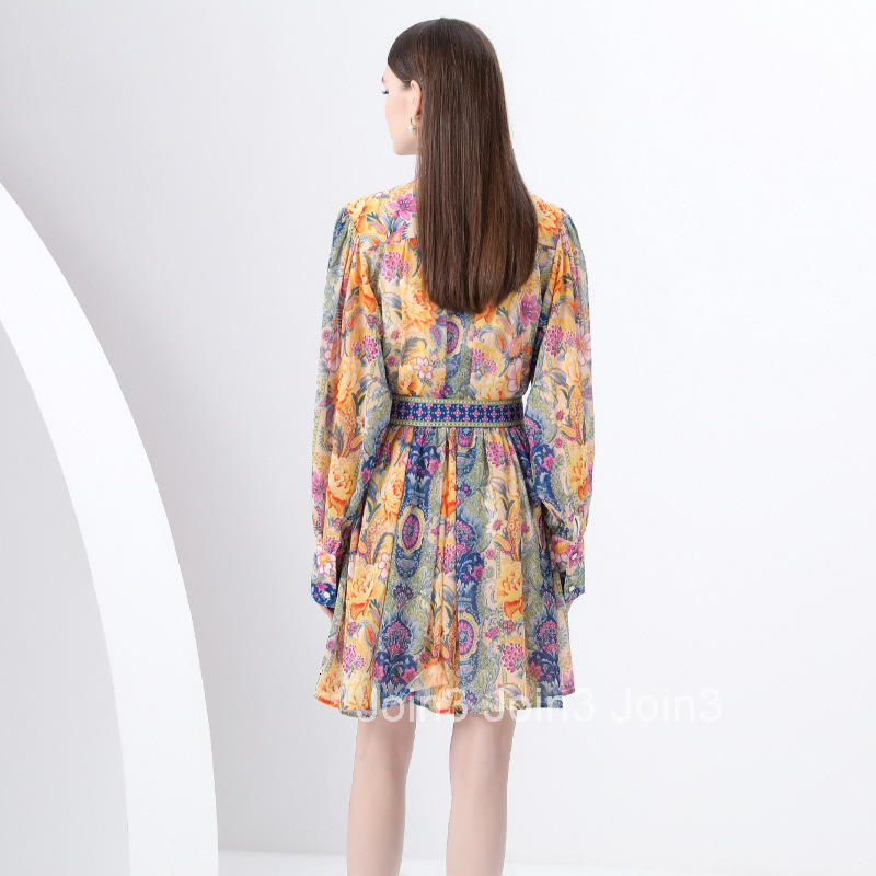 6161 Early Spring New Womens Fashion Stand up Collar Lantern Sleeve Short Skirt Printed Dress Two Piece Set