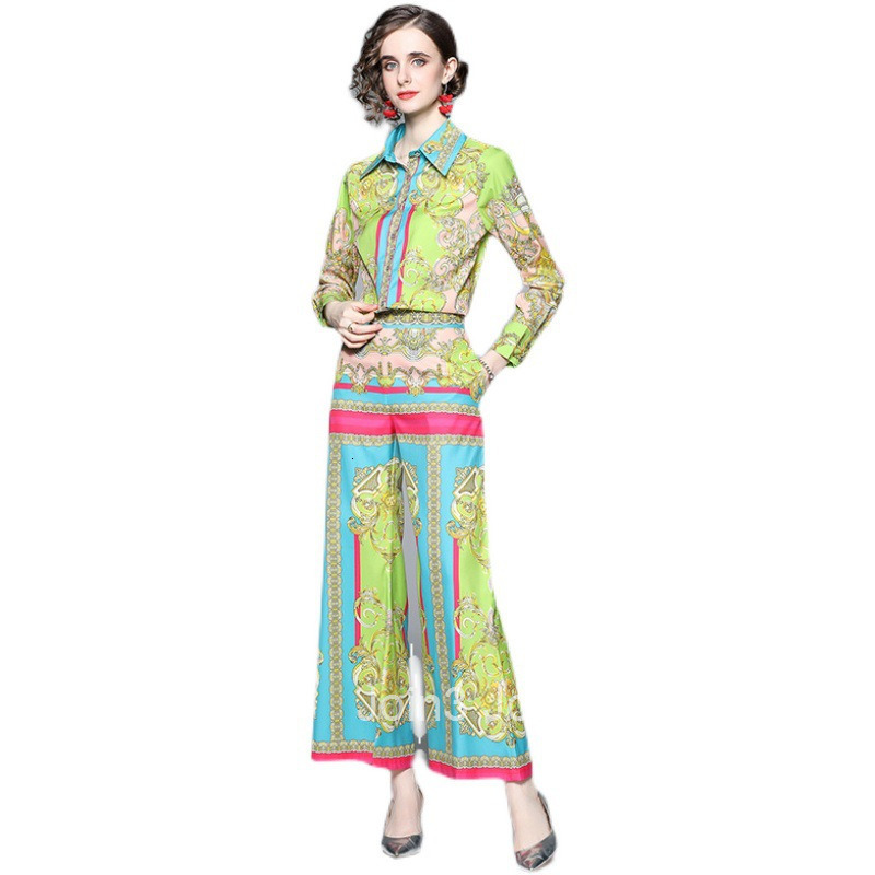 1017 runway style printed lapel long sleeved shirt high waist wide leg pants stylish set