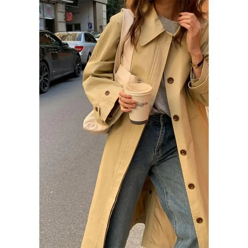 Autumn Winter Womens Fashion Trench Coat Single row buckle Female Windbreaker Coats Mid length Khaki Versatile Outwear 250716