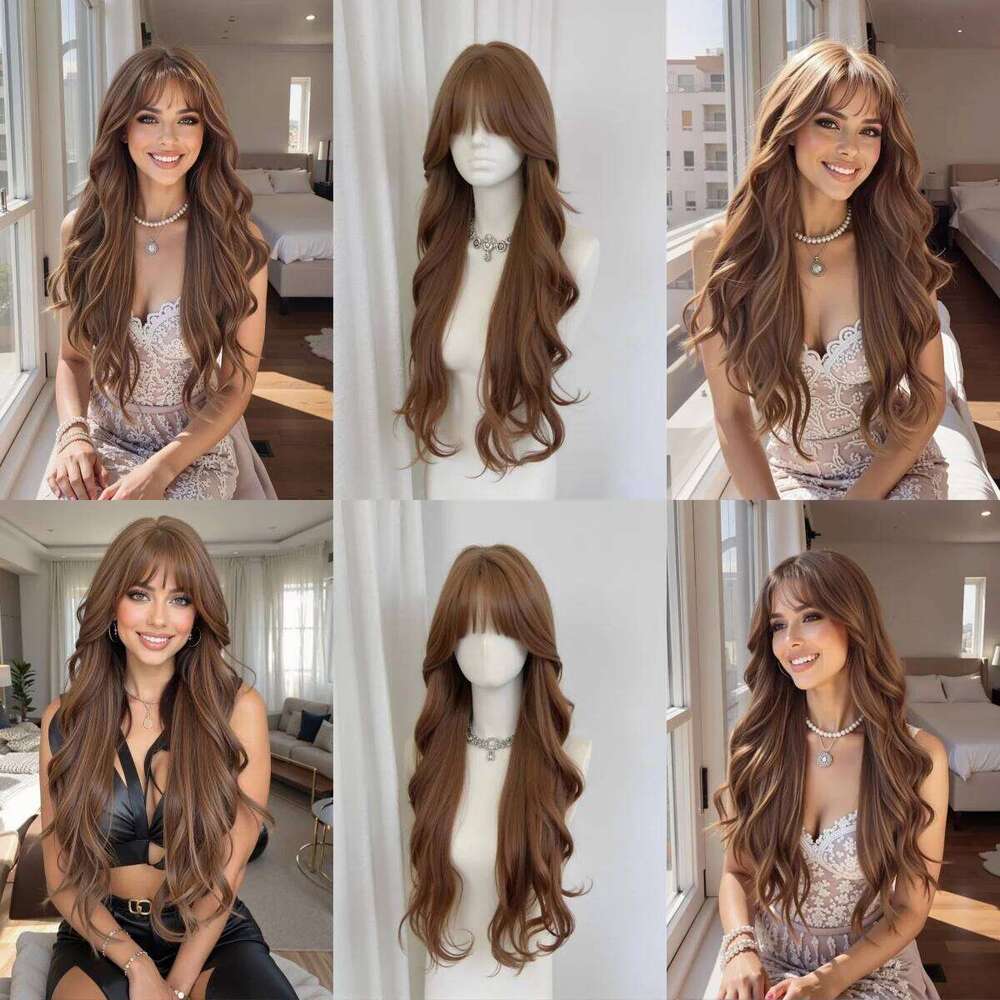 EASIHAIR Long Wavy Synthetic Women Natural Curly Brown Hair Wigs for With Bangs Daily Use Cosplay Heat Resistant