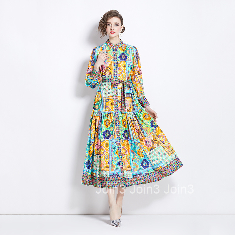 1212 Spring and Autumn New Cotton Linen Stand Collar Lantern Sleeve Printed Long Dress