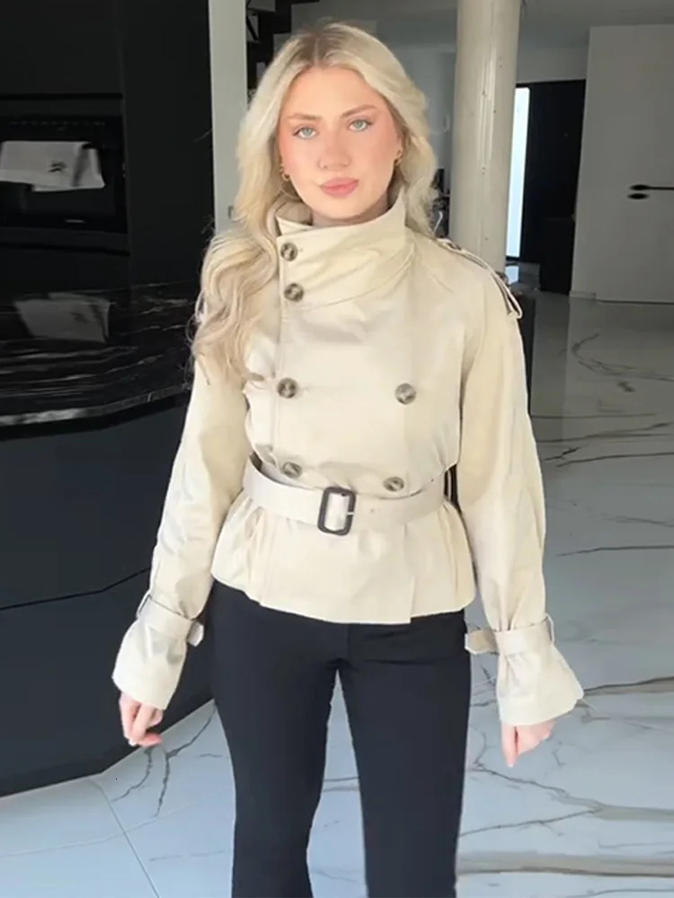 Spring Womens Short Jacket Trench Coat Belt Double Breasted Stand Collar Long Sleeve Outerwear 2025 High Street Windbreaker 250716