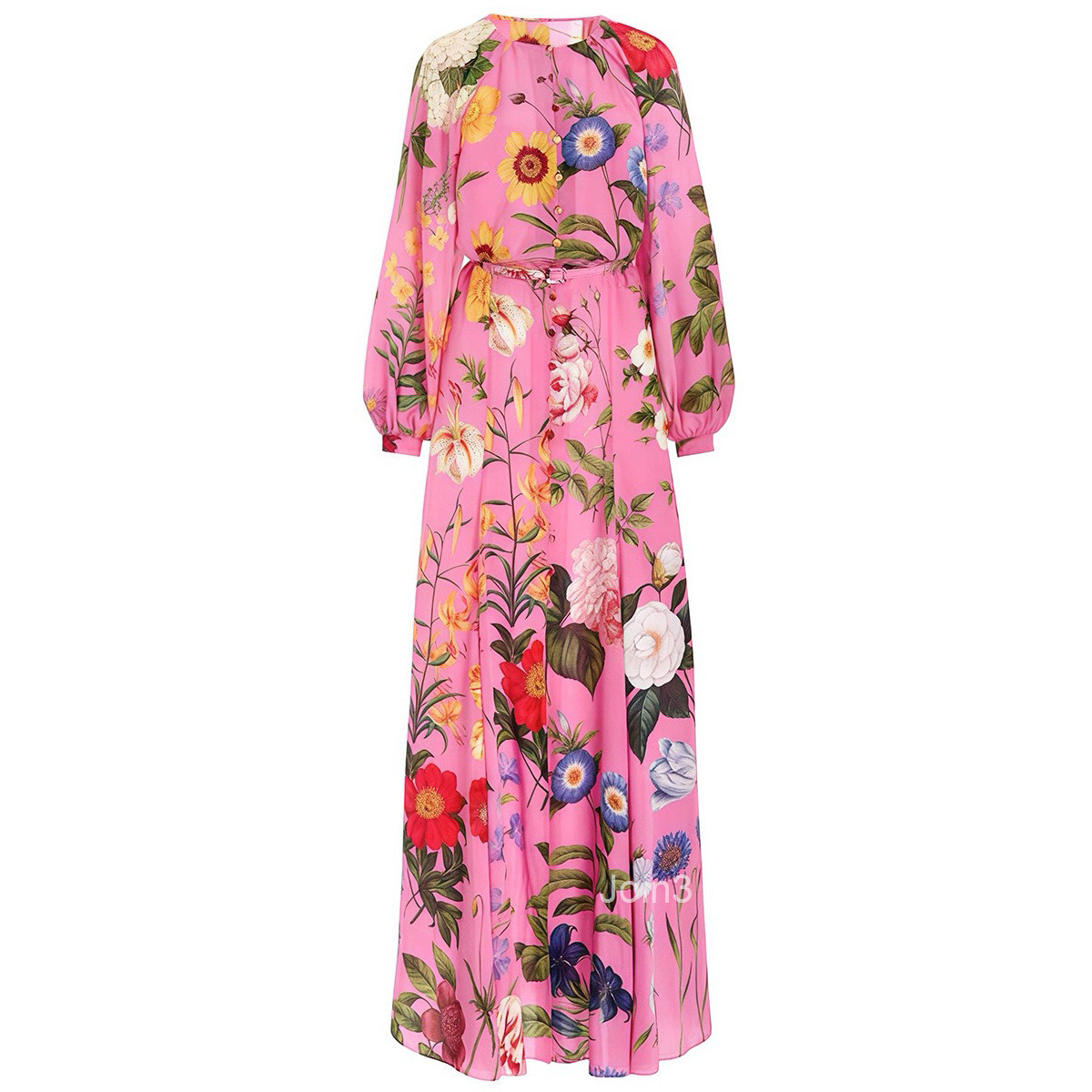 9663 Lantern Sleeve Dress for Women Printed Long Sleeve Single-Breasted Round Neck Flared Dress with Belt