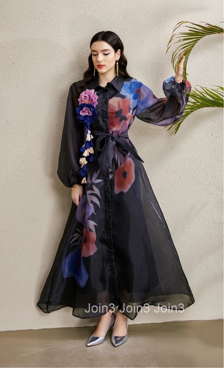 8885 Early Autumn Three-Dimensional Floral Vacation Lapel Lantern Sleeve Long Printed Dress