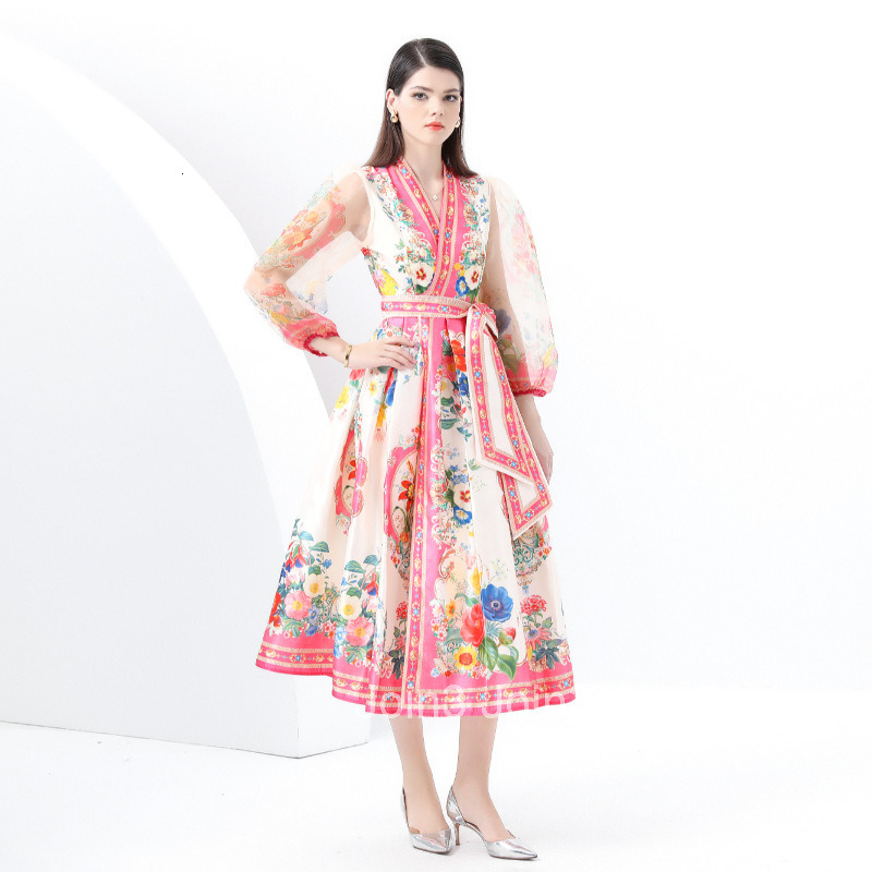 6016 Early Spring Vacation Wrap Tie Style Lantern Sleeve Long Printed Dress