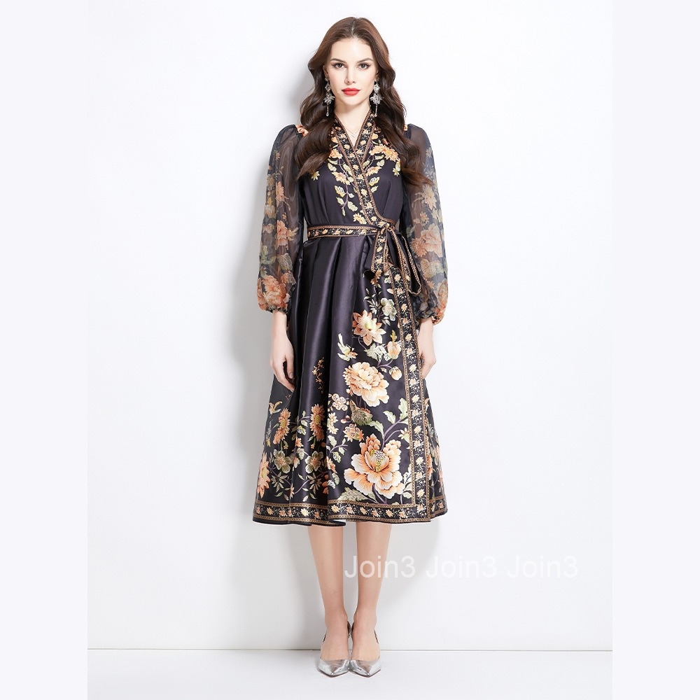 2724 Spring New Style Collar Ethnic Print Satin Wrap Long Dress