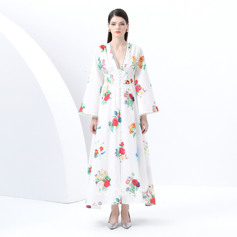 6085 Early Spring New Womens Deep V-Neck Flared Sleeve Large Hem Painted Print Long Dress