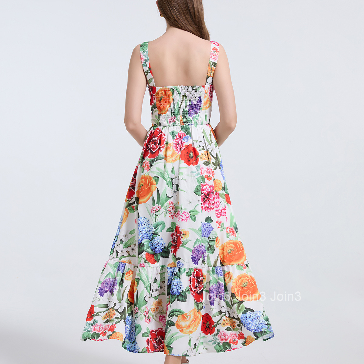 665 Summer Positioning Print Positioning Strap Slim Waist Dress Back Elastic Band Dress
