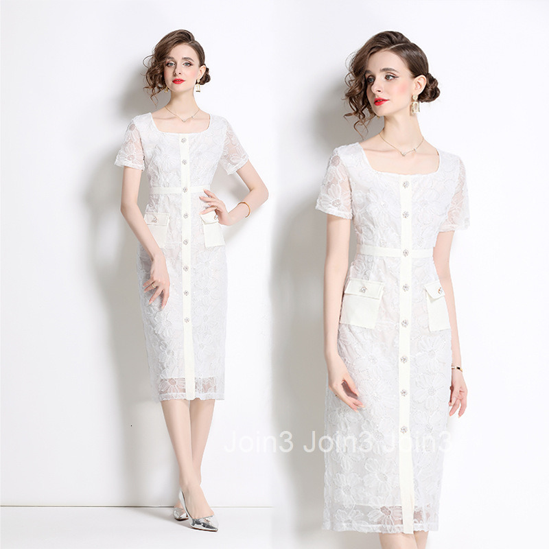 8018 Summer New Womens Fashion Elegant Sequin Embroidered Lace Square Neck Short Sleeve Socialite Mid-Length Dress