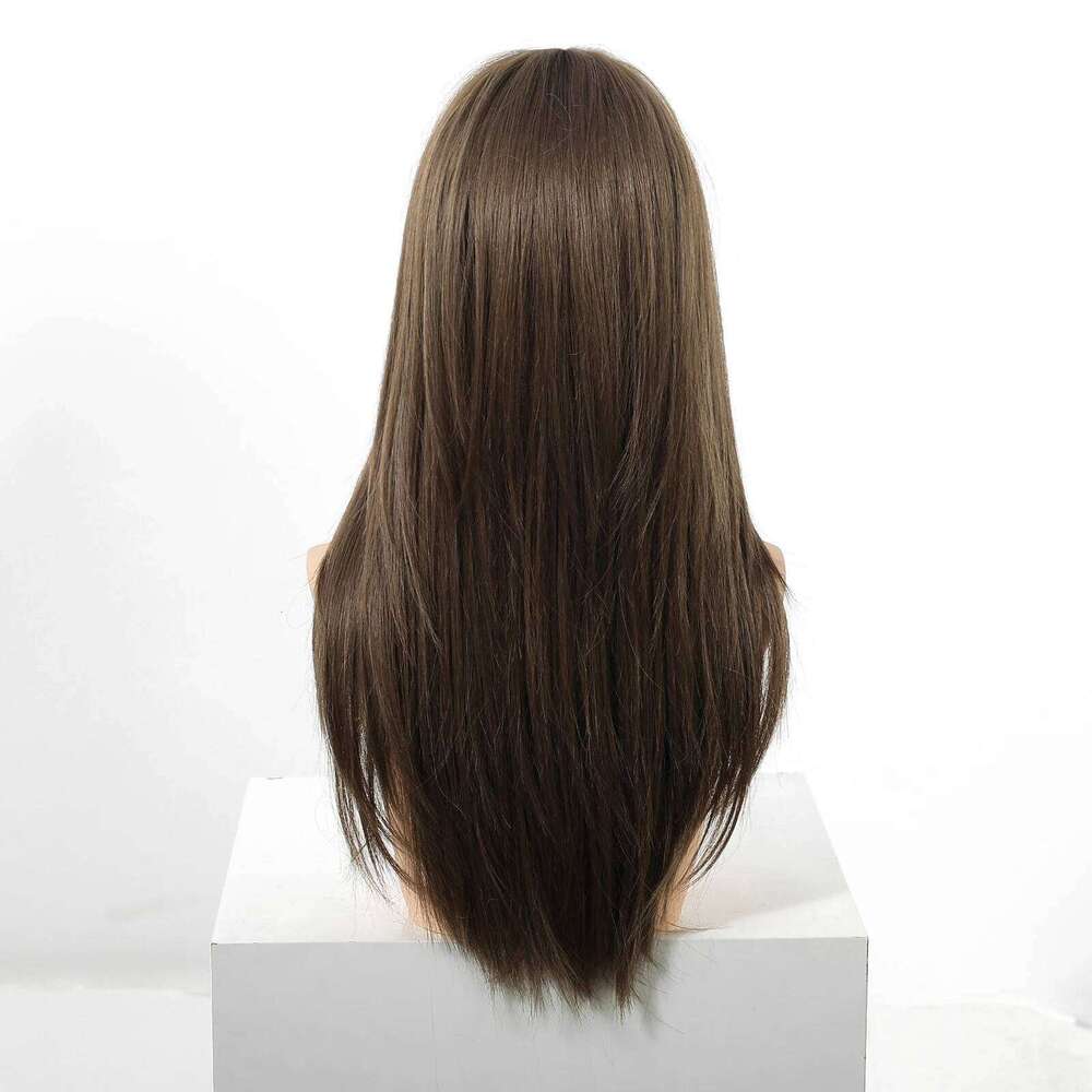 EASIHAIR Brown Straight Layered for Women Long Natural Hair Synthetic With Bangs Daily Use Party Heat Resistant Wigs