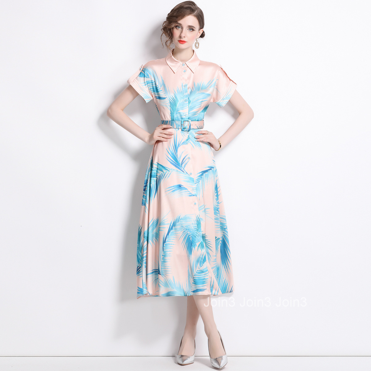 1661 Summer New Womens Printed Turn-Down Collar Short Sleeve Slim Long Dress with Belt
