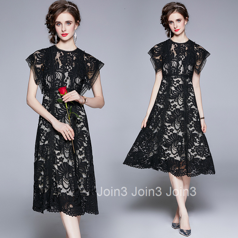 6736 summer womens temperament black hollowed out lace sleeveless slim fit large swing medium length dress