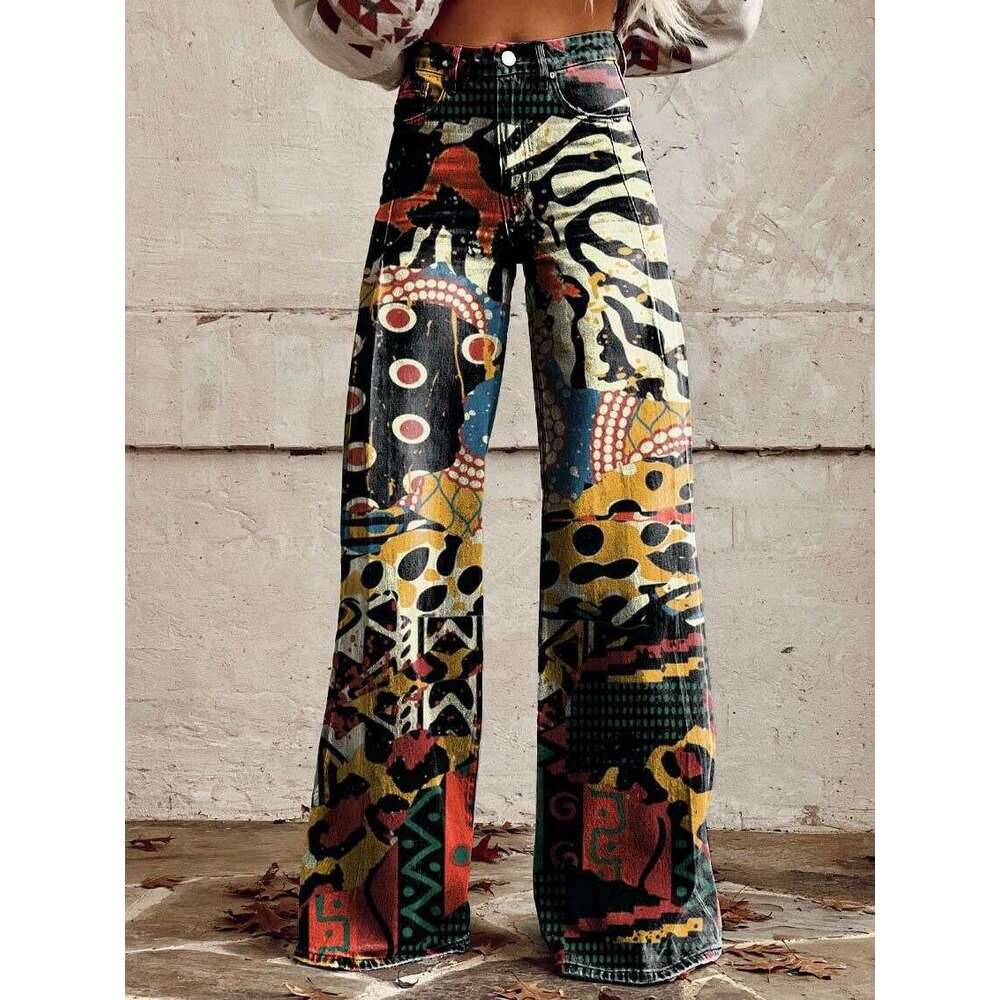 Xiyin Shopee 2024 New 3D Heat Transfer Flared Faux Denim Long Pants Loose Trousers