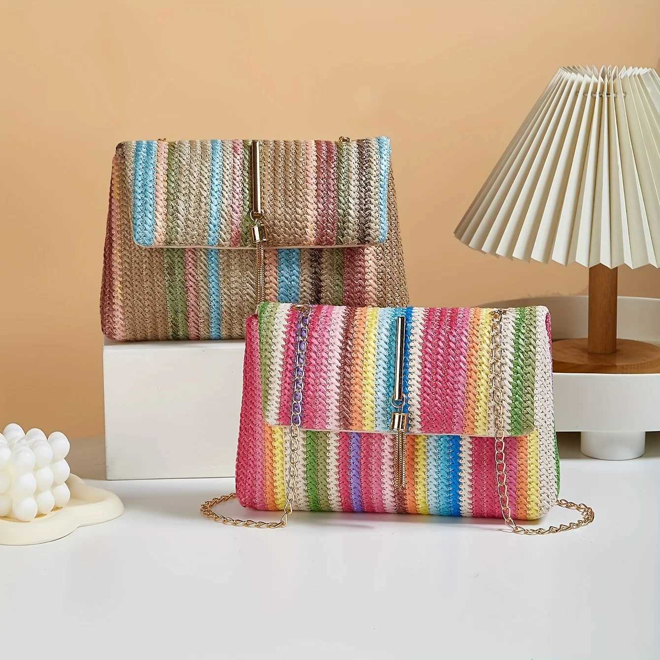 Chic Rainbow Stripe Straw Crossbody Bag for Women Adjustable Shoulder Strap Magnetic Closure Tassel Accent Fashion Square Purse Y250719