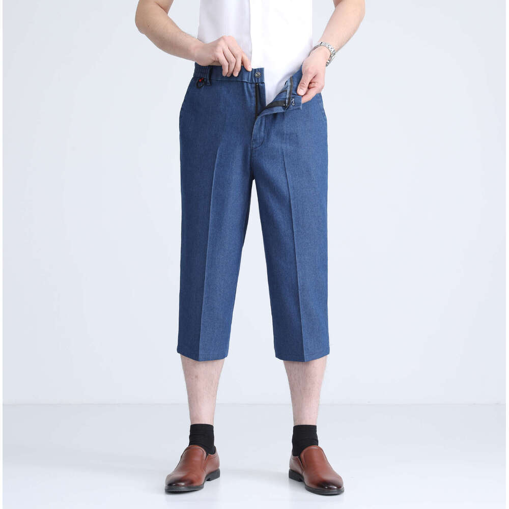 Men's Jeans Cropped Pants Summer High Waist Straight Elastic Thin Shorts Middle-aged Loose Denim Breeches