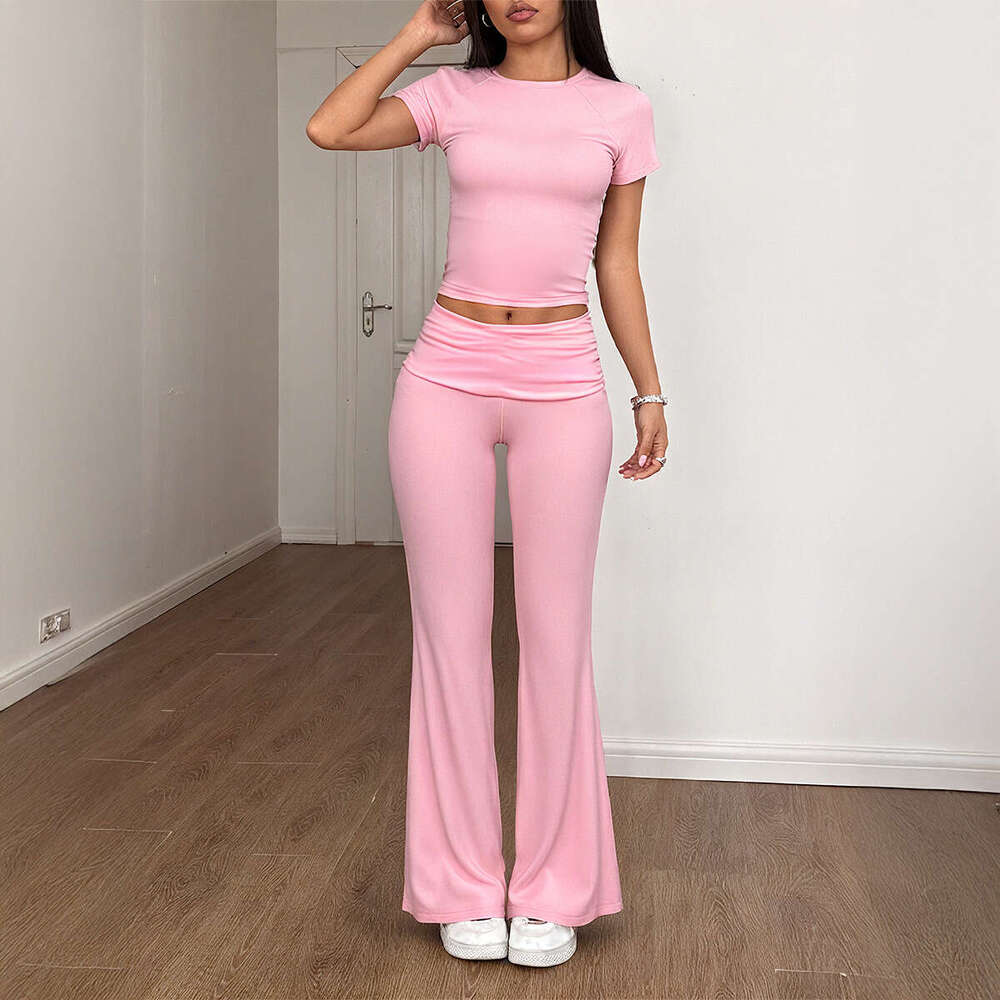 European and American Sports Hot Girl Style Solid Color Short Sleeve Wide Leg Long Pants Two-Piece Set Women's Clothing 2025 Spring Summer