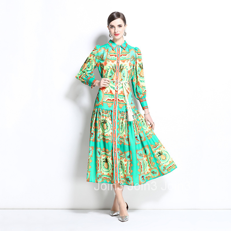 1236 Spring and Autumn New Cotton and Hemp Collar Lantern Sleeve Printed Dress Long Dress