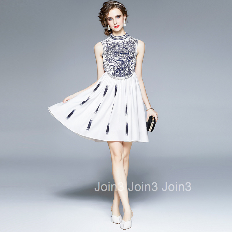 6814 summer womens temperament embroidered stand collar sleeveless splicing slim fit large swing skirt dress