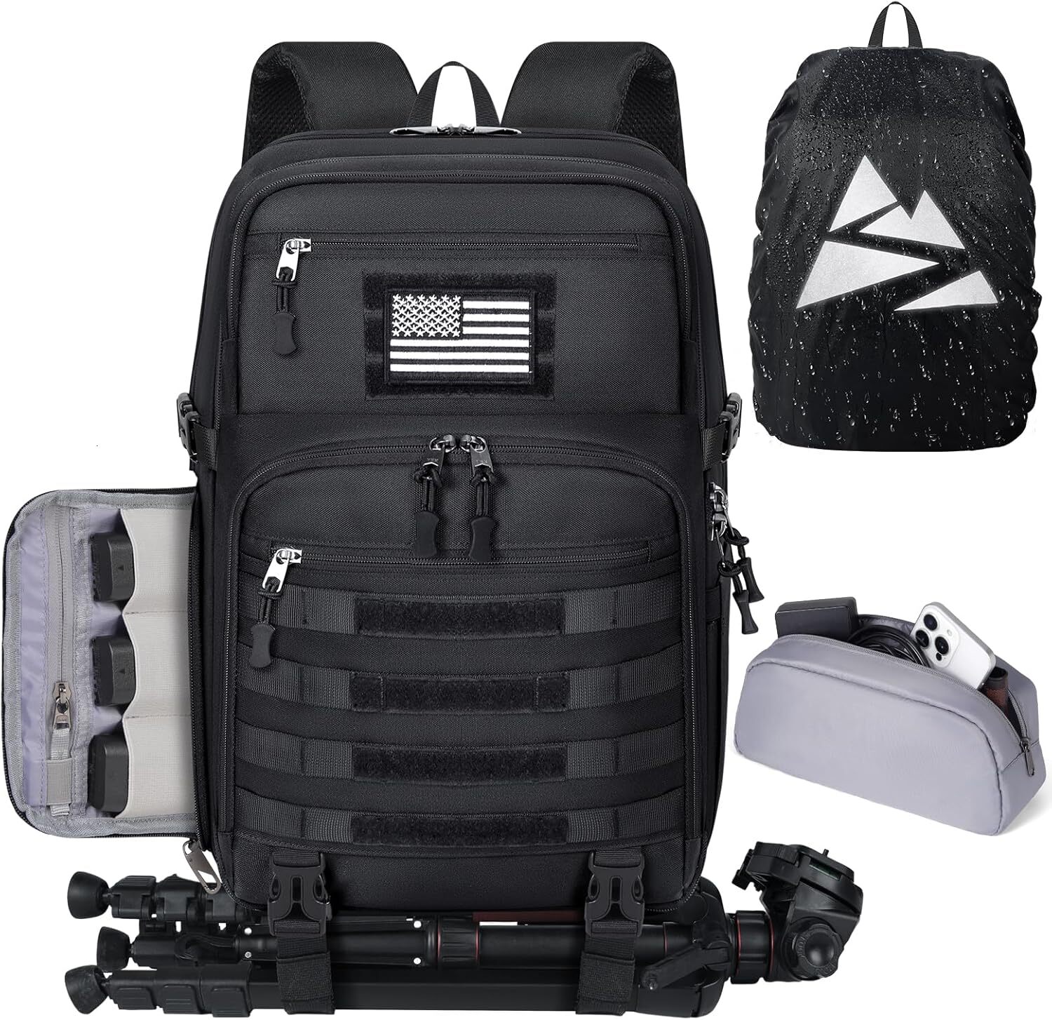 YMX Professional DSLR/SLR Mirrorless Waterproof 15.6 inch Tactical Camera Bags for Photographers with Rain Cover, Tripod Holder, Small Bag Photography