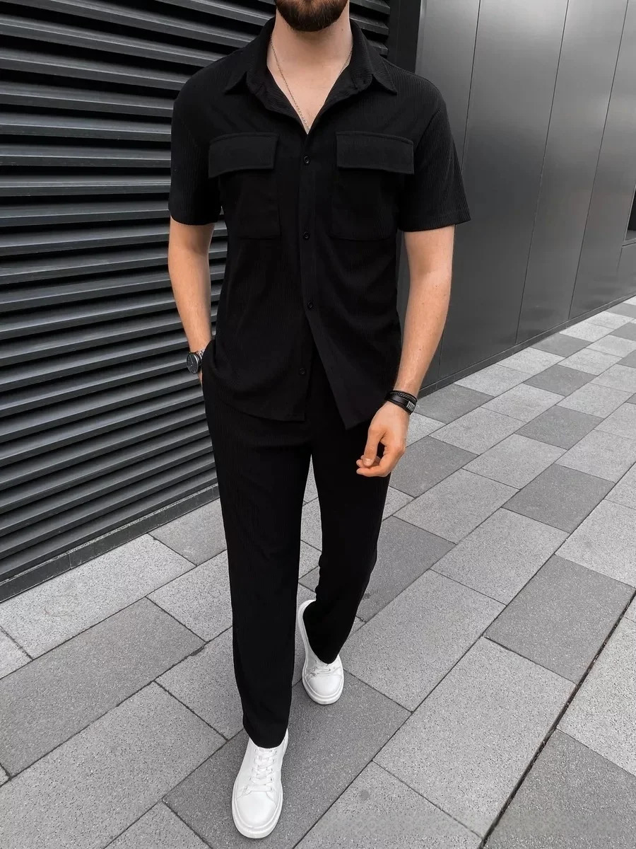 Mens Spring Summer Corduroy Short-Sleeved Shirt And Long Pants Set Casual Lapel Button Pocket Fashionable Two-Piece Outfit 250715