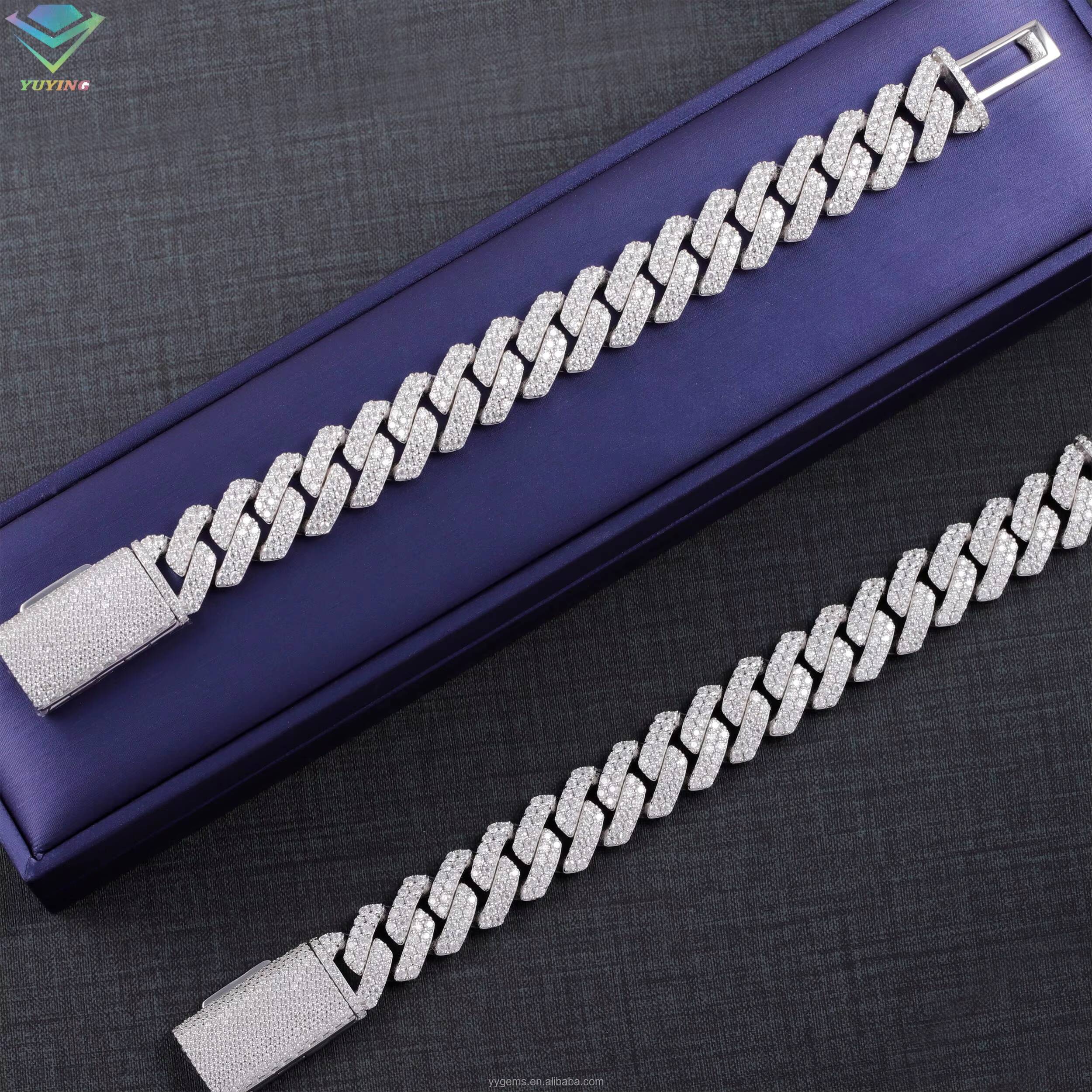 Hip Hop Jewelry Moissanite Bracelet 2rows 15mm Wide S925 Silver VVS Moissanite Iced Out Diamond Cuban Link Bracelet