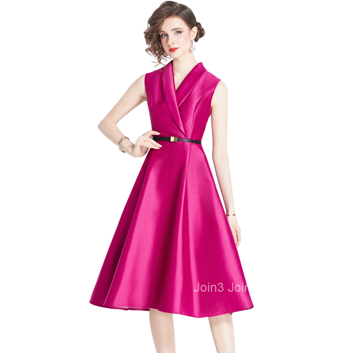 5801 Summer Dress for Women High Waist Slim Fit Sleeveless Tie Collar Mid-Length Dress