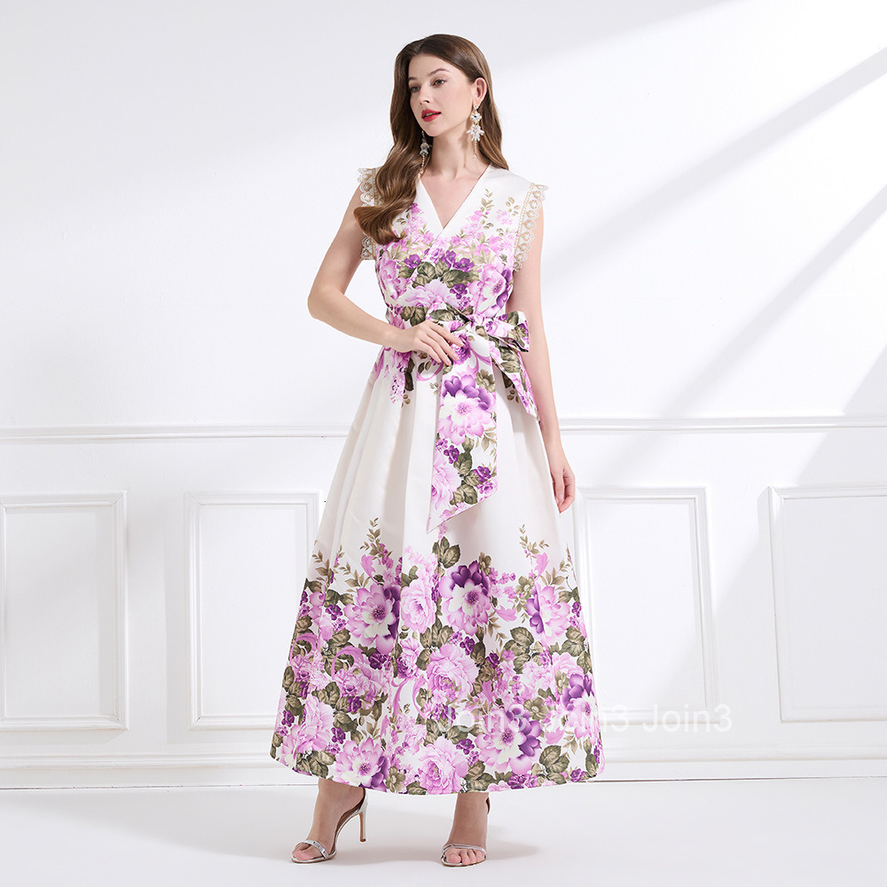 2177 Summer New Womens Vacation Style Printed Beach Waist-Cinching Ruffle Tie Long Dress