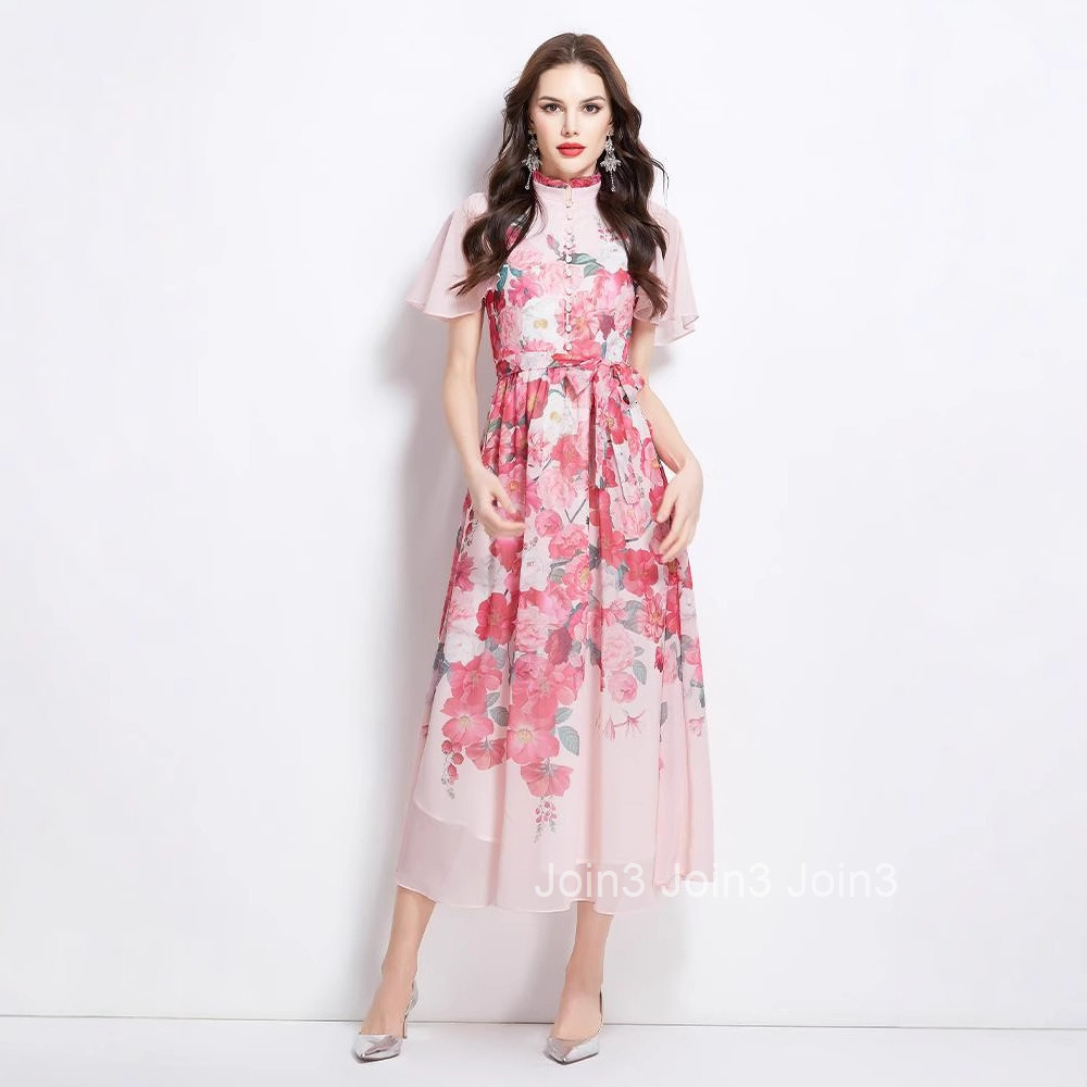 2723 Spring/Summer New Small Flutter Sleeve Ruffle Floral Color Waist-Cinching Stand Collar Dress