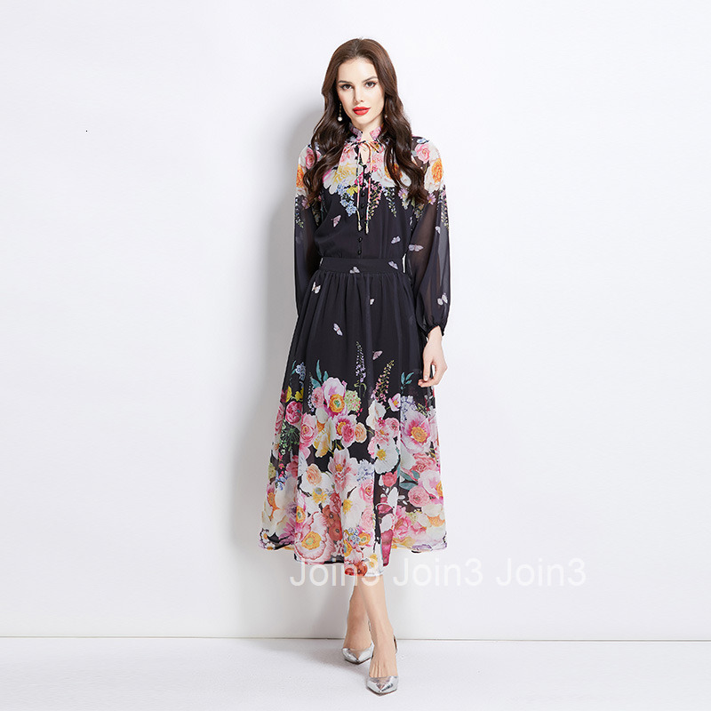 2758 Spring New Womens Fashion Elegant Lantern Sleeve Chiffon Blouse + High Waist Midi Skirt Two-Piece Set