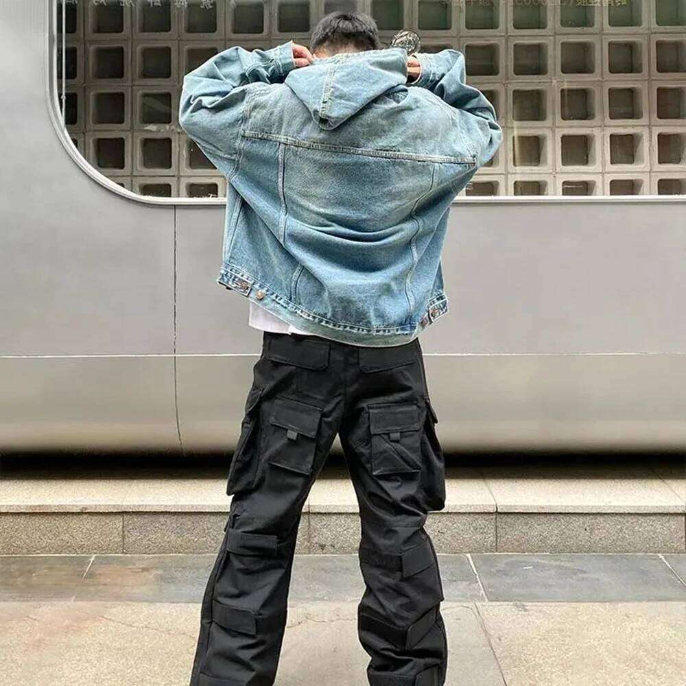 Mens Autumn Winter Washed Distressed Retro Hoodie Genderless Street Fashion Casual Loose Denim Sweatshirt Unisex