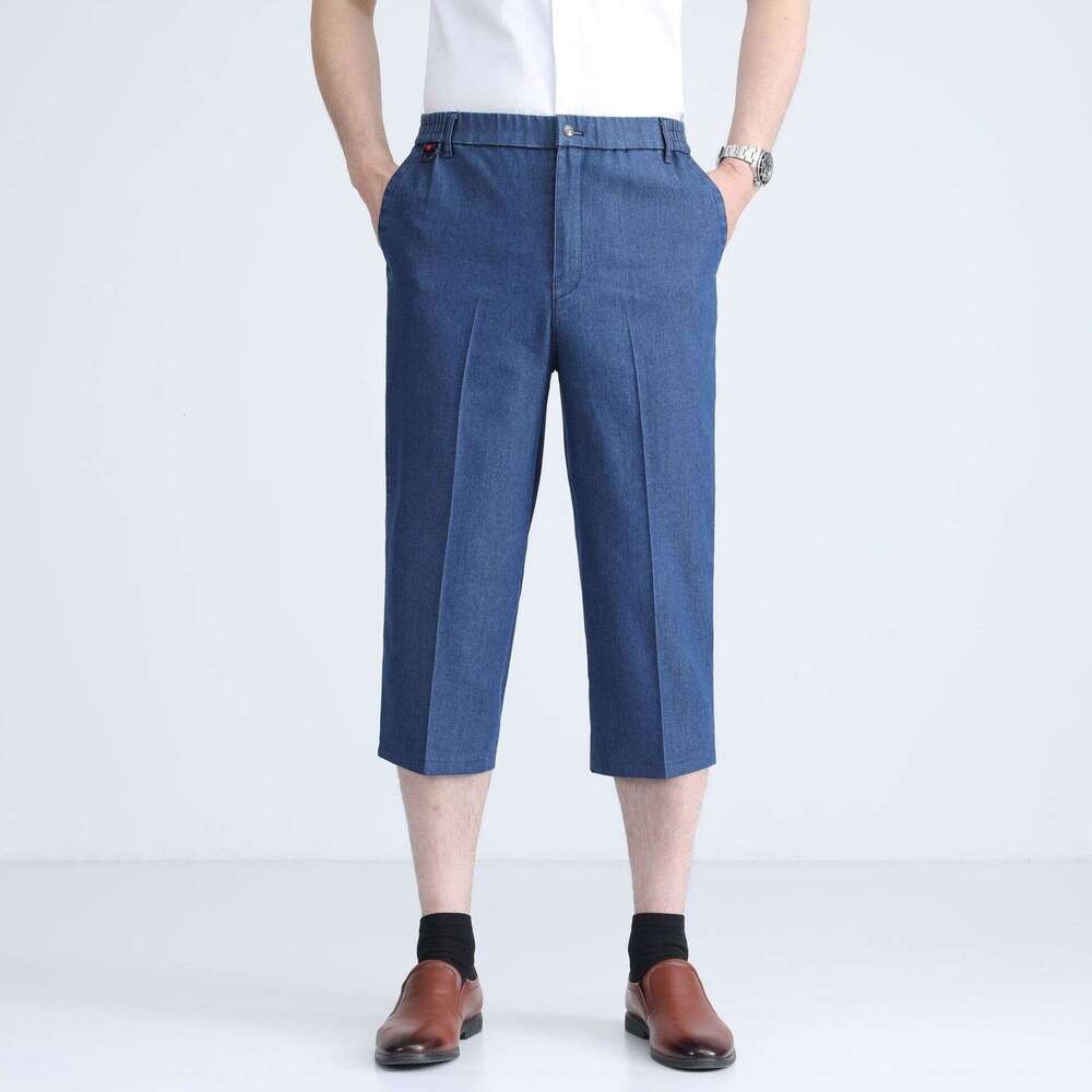 Men's Jeans Cropped Pants Summer High Waist Straight Elastic Thin Shorts Middle-aged Loose Denim Breeches