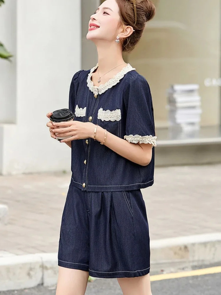 Wideleg Womens Short Sets 2 Pieces Denim Tailoring Offers in Matching Business Suit with Full Outfit Female Shorts 250717