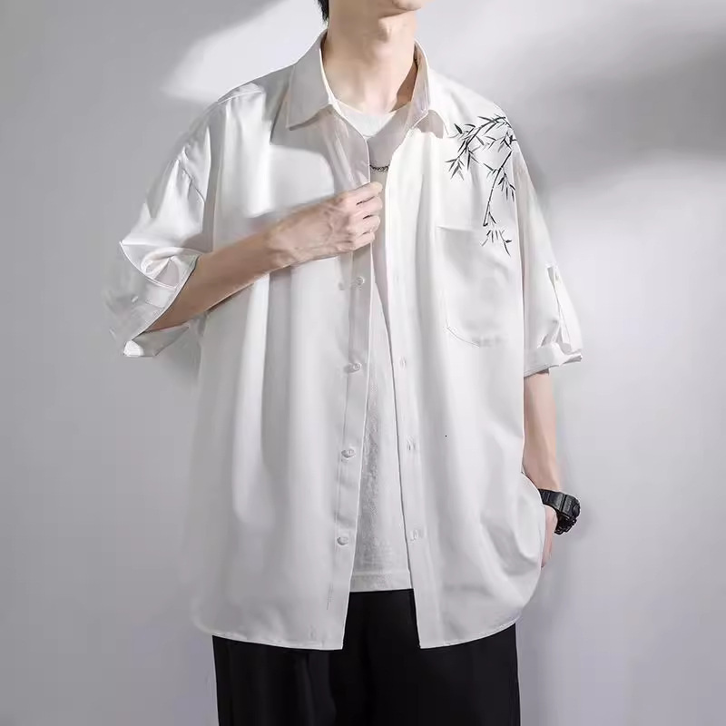 Ice Silk Shirt Men Short Summer Trendy Brand Bamboo New Men's Clothing Chinese Style Top Loose Casual Three Quarter Sleeve