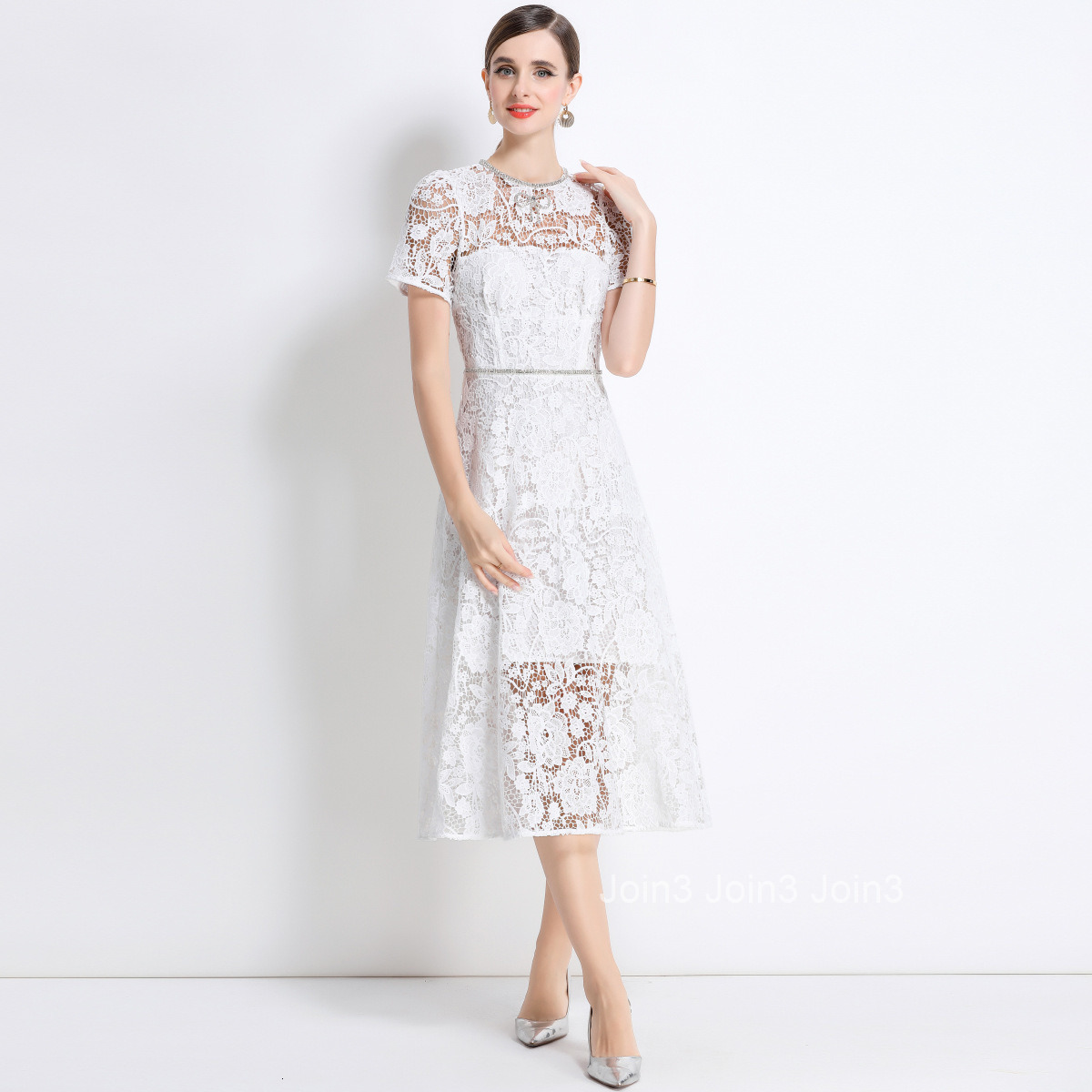 9631 Elegant Mesh Embroidered Dress Mid-Length Waist-Cinching Slimming Dress