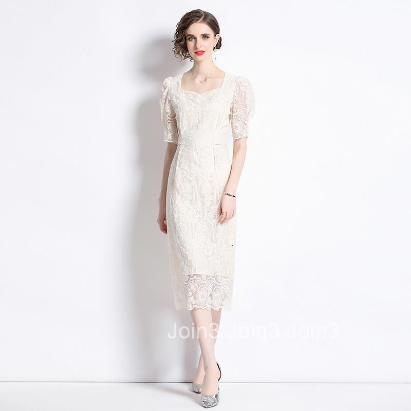 8561 Summer New Womens Fashion Square Neck Lace Embroidered Waist Slimming Elegant Dress