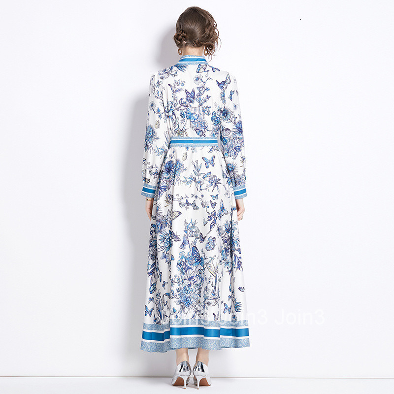 3935 Summer New Womens Fashion Printed Turn-Down Collar Long Sleeve Long Dress with Belt