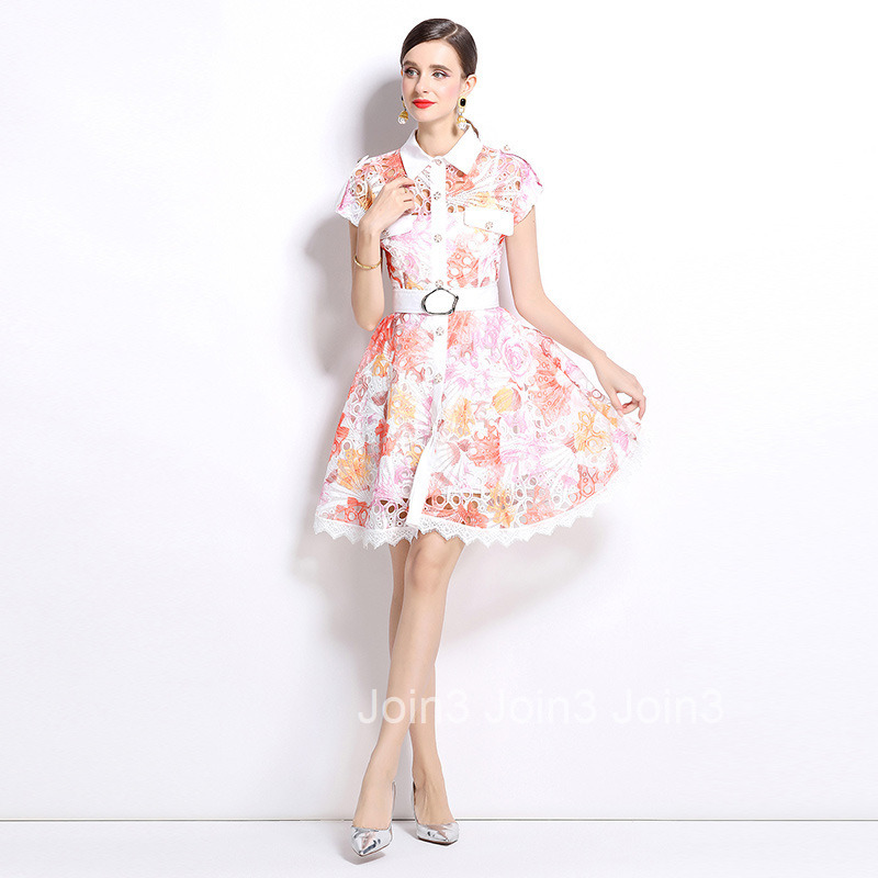 6972 Summer New French Style Turn-down Collar Heavy Embroidered Hollow Out Crochet Dress Waist-cinching Elegant Dress