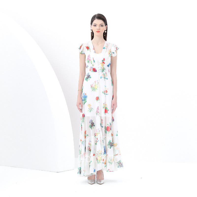 6092 Early Spring New Womens Fashion V-neck Flared Long Dress Elegant Floral Dress Two-piece Set