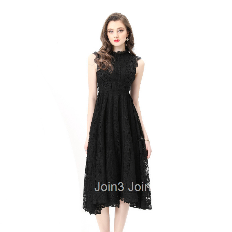 8832 Spring Summer New Womens Vacation Round Neck Gathered Lace Sleeveless Trim Midi Dress