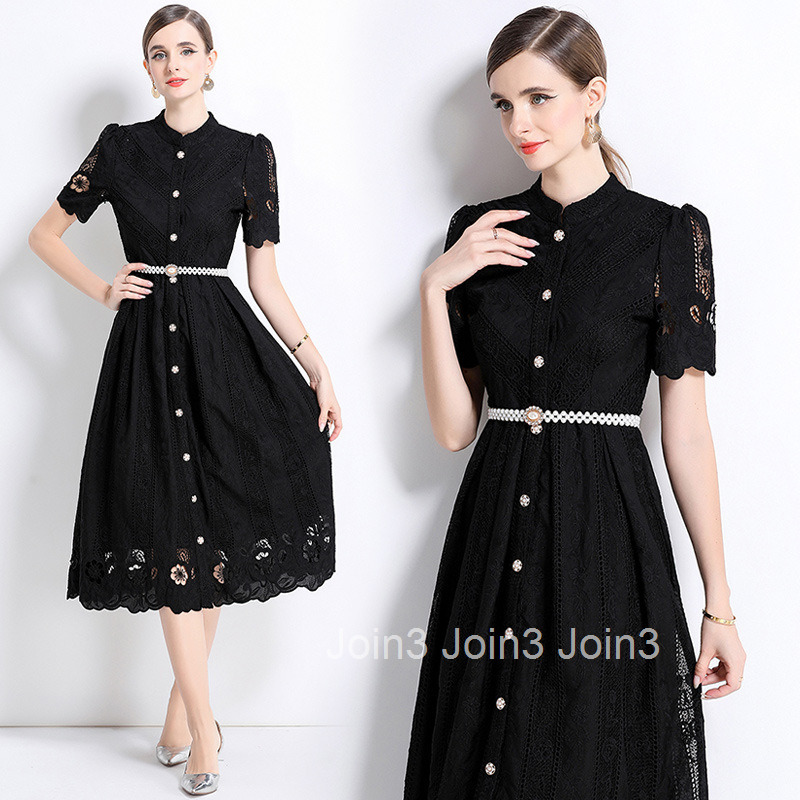 711 Mid-Length Sleeve Slimming Hollow Laser Embroidered Positioning Print Mid-Length Dress