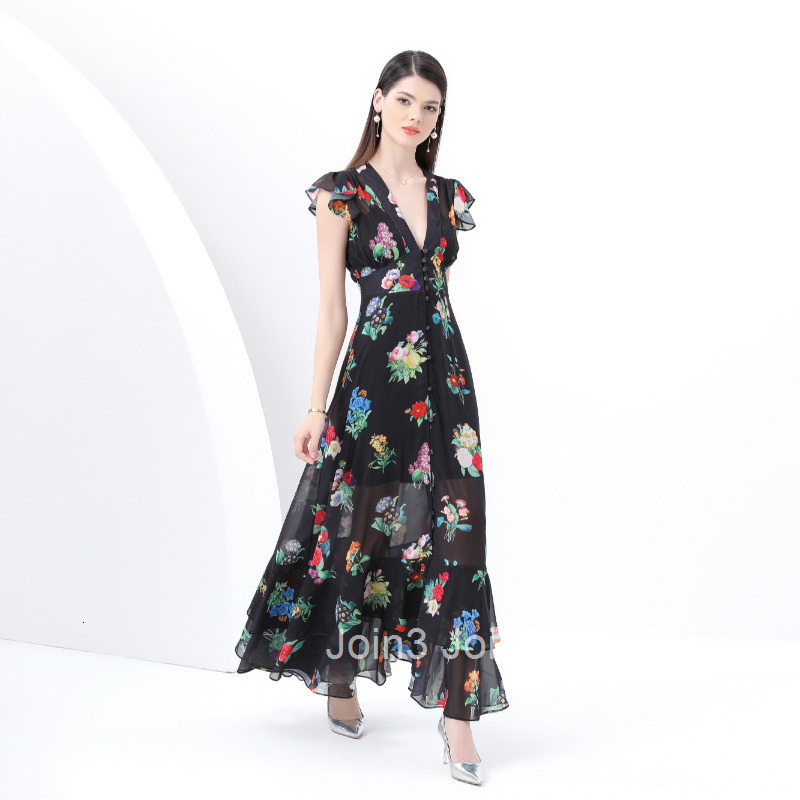 6092 Early Spring New Womens Fashion V-neck Flared Long Dress Elegant Floral Dress Two-piece Set