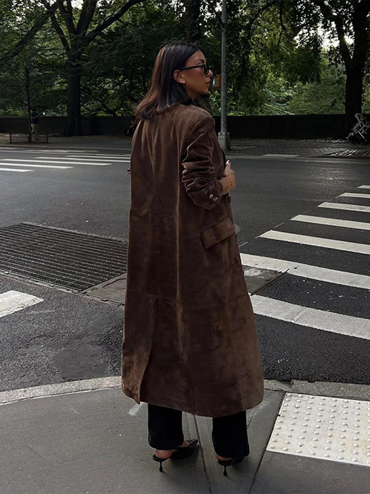 Elegant Suede Leather Women Long Windbreaker Coats Chic Lapel Double Breasted Lady Oversized Jackets Autumn Street Outwears 250716