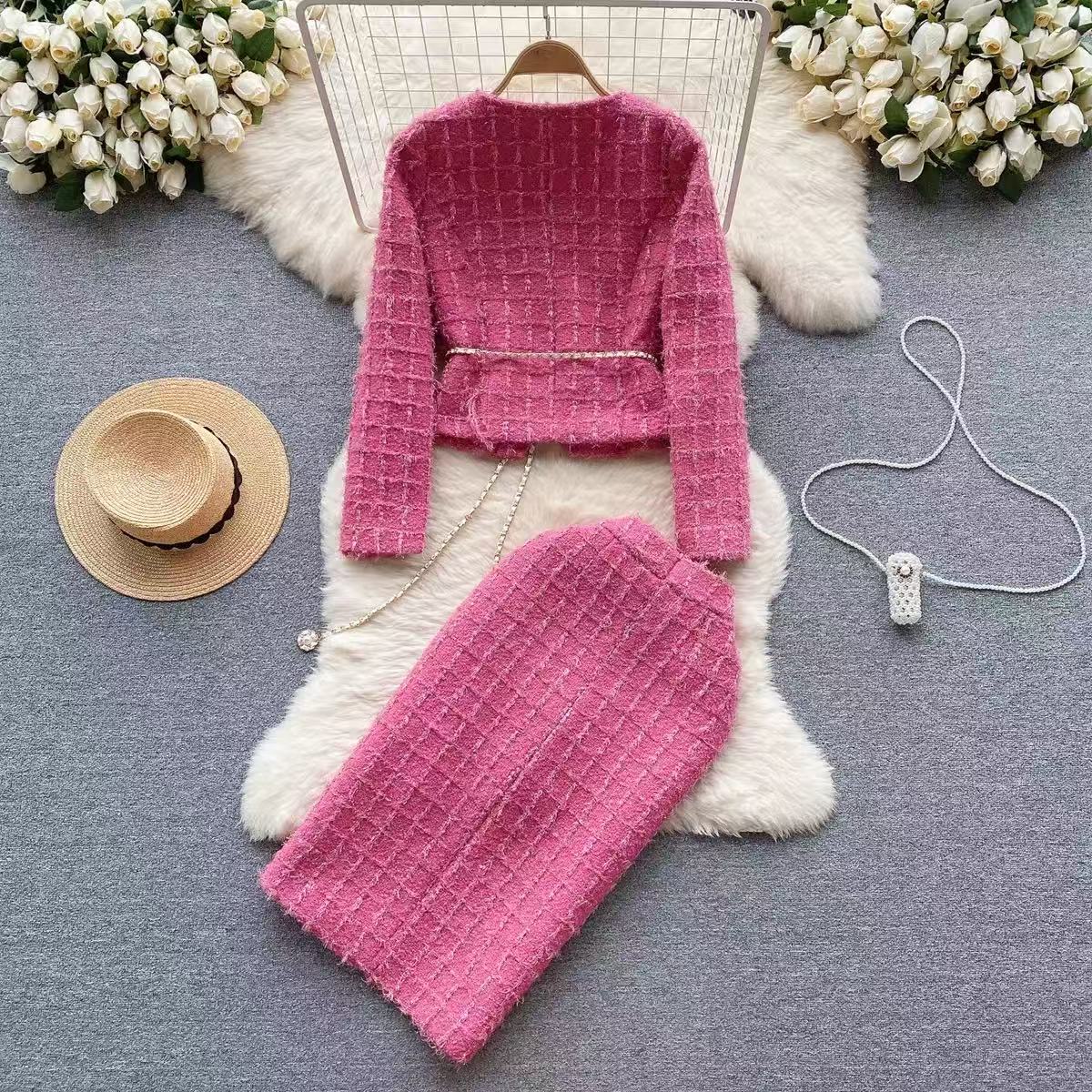 Autumn Fashion Rose Red Woolen Two Piece Dress Set For Women Golden Button Chain Belt Tweed Short Jacket Coat+Split Midi Skirt Suit