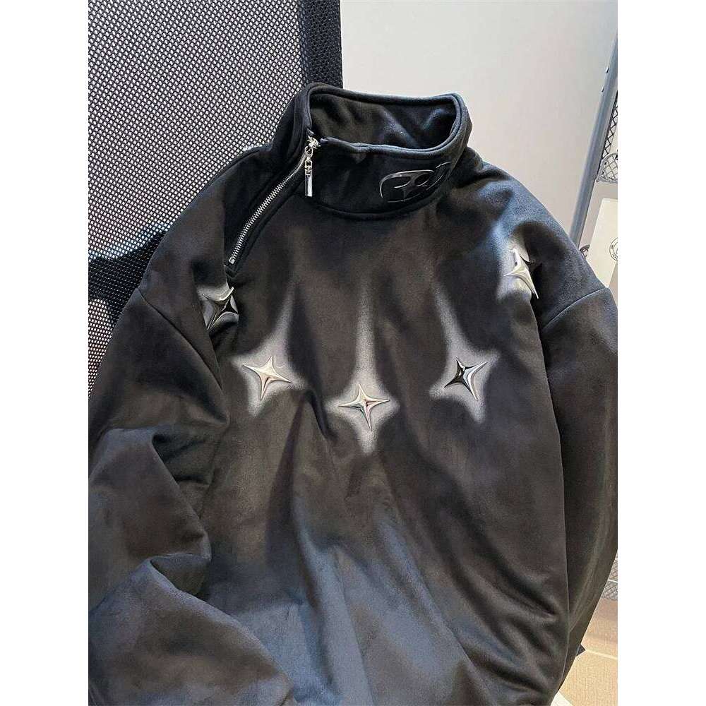 High Street Oversized Irregular Half Zip Hoodie For Men Women Autumn And Winter American Style Stylish Suede Jacket
