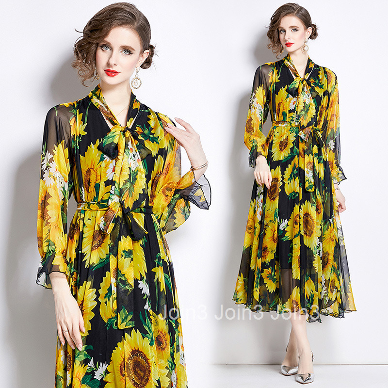 9329 Spring Summer New Womens Fashionable Chiffon Printed Long Sleeve Flared Long Dress